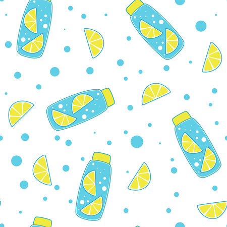 Refreshing lemon water seamless pattern. Background of bottled water and lemon slices. Vitamin summer citrus detox. Water fruit print, vector illustrationのイラスト素材