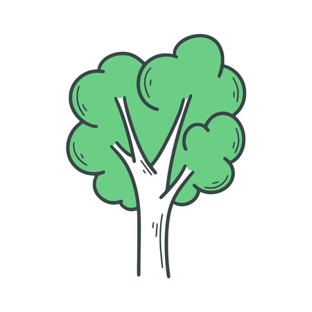 Hand drawn simple tree vector illustration. Cute deciduous single tree with lush crown, isolated on white background. Tree with leaves doodle sketch styleのイラスト素材