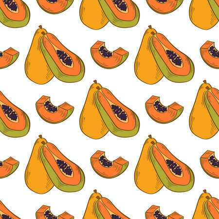Juicy tropical exotic fruits seamless pattern. Ripe papaya background. Summer print for textile, digital paper, packaging, design, vector illustrationのイラスト素材