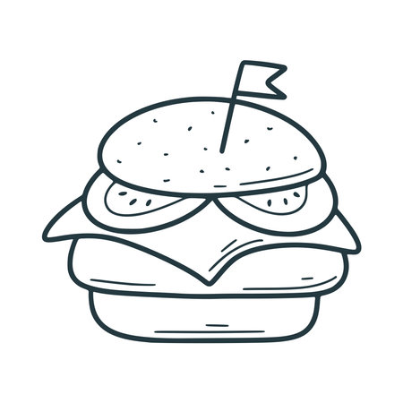 Hand drawn burger. Fast food bun with cutlet, cheese, lettuce and tomato, ink doodle sketch. Street food hamburger, isolated vector illustrationのイラスト素材