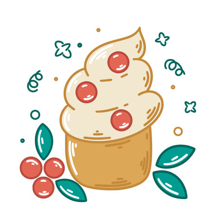 Colorful cream cake with berries hand drawn illustration. Cupcake color doodle. Delicious flour pastry, sweet dessert vectorのイラスト素材