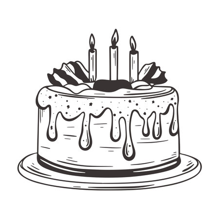 Birthday cake with candles hand drawn illustration. Ink sketch of biscuit cake with cream in icing....