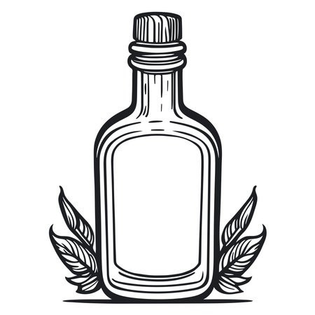 Bottle with space for text hand engraved. Ink sketch glass vintage bottle, decorated with herbs. Container for drinks, liquid, oil and alcohol, doodle sketch style vector illustrationのイラスト素材