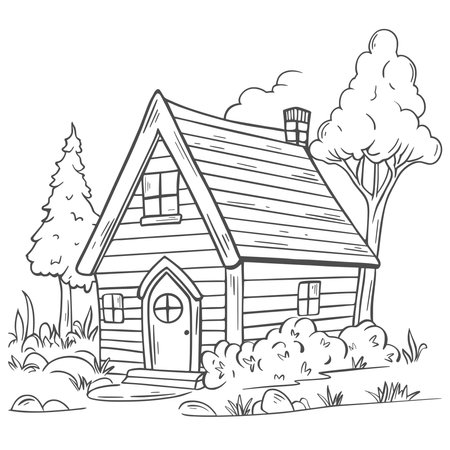 Hand drawn wooden village house. Sketch house with trees, bushes and herbs. Rustic cottage, cartoon, vector illustrationのイラスト素材