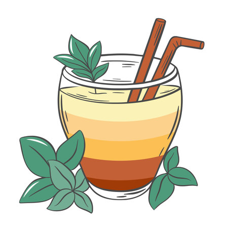 Multilayered cocktail with straw and mint leaves. Refreshing fruit mix drink. Simple glass with soft beverage, retro isolated vector illustrationのイラスト素材