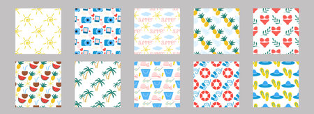 Set of summer tropical holiday seamless patterns. Beach, vacation, travel background. Print with palm tree, fruits, beach holiday elements. Collection of hand drawn patterns, isolated vector illustrationのイラスト素材