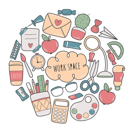Round desktop design hand drawn. Cute colored doodle workspace with stationery and office supplies. Circular banner, poster or card, vector illustrationのイラスト素材