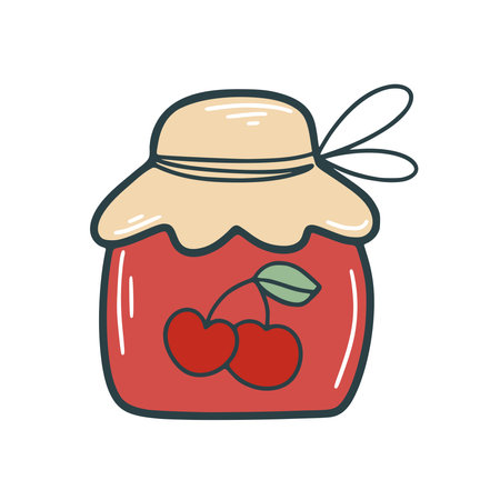 Hand drawn jar of cherry jam. Seasonal preservation, berry jam clip art. Cute glass jar autumn harvest, vector illustrationのイラスト素材