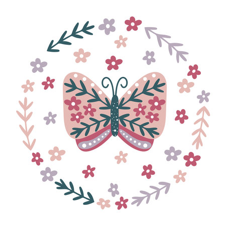 Butterfly flowers and herbs round composition. Botanical floral decor with moth. Natural bohemian decoration with beautiful butterfly, isolated vector illustrationのイラスト素材