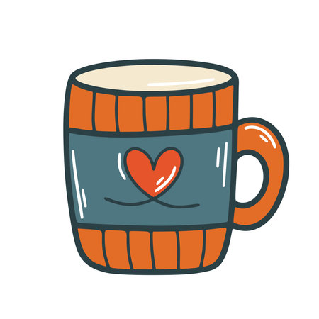 Cozy cup with heart vector illustration. Cute mug with hot drink, isolated doodle style pictureのイラスト素材