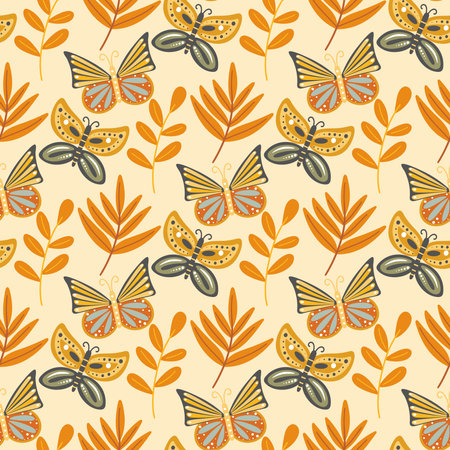Butterflies autumn seamless pattern. Cozy autumn background with moths, herbs and leaves. Botanical print for textile, paper, packaging, design, vector illustrationのイラスト素材