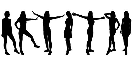 Group silhouette woman. Set of abstract female images. Ink shadow girl in different poses, isolated vector illustrationのイラスト素材