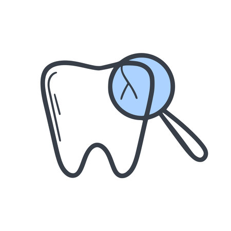 Hand drawn tooth with caries isolated vector illustration. Dental examination of a diseased tooth, doodle sketch style. Tooth under magnifying glass, simple iconのイラスト素材