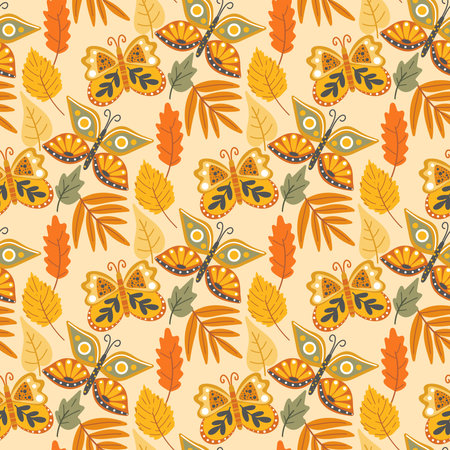 Autumn moths and falling leaves seamless pattern. Background of autumn leaves and butterflies. Botanical cozy seasonal print for textiles, wallpaper and design, vector illustrationのイラスト素材