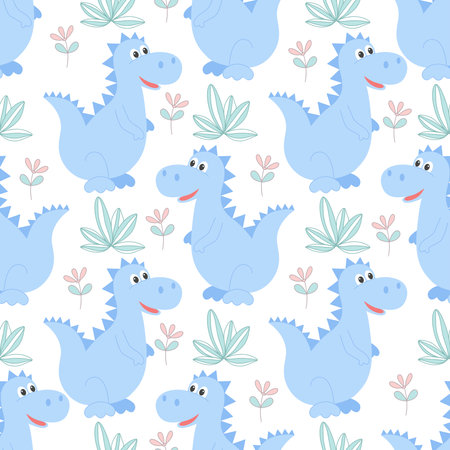 Dinosaurs, herbs and flowers seamless pattern. Cute dino characters background for boy. Funny cute animal print for textile, paper, wallpaper and design, vector illustrationのイラスト素材