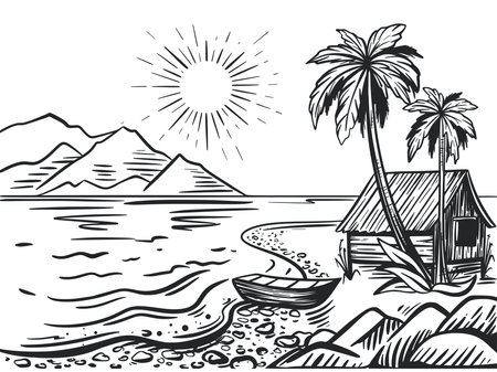 Boat on sea coast sketch. Ocean shore with palm trees and hut. Beach holiday in nature sunny day. Tropical island landscape, ink hand engraving vector illustrationのイラスト素材