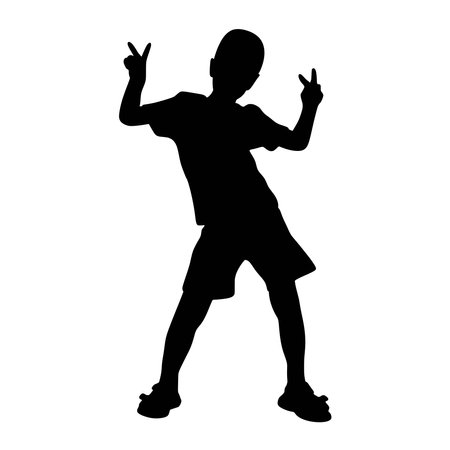 Boy dancing ink silhouette isolated on white background. Abstract guy in motion shadow. Cute image child having fun and rejoicing, vector illustrationのイラスト素材