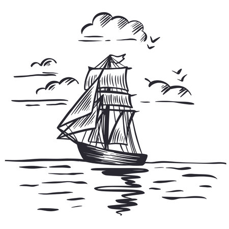 Vintage ship ink sketch. Hand engraved sea sailing ship. Retro hand drawn black frigate with flag, vector illustrationのイラスト素材