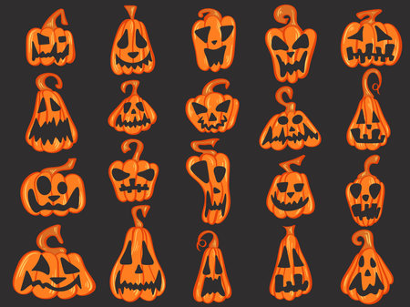 Halloween pumpkin set. Autumn pumpkin characters for Thanksgiving and Halloween. Creepy, funny, spooky, scary emotions, clip art vector illustrationのイラスト素材