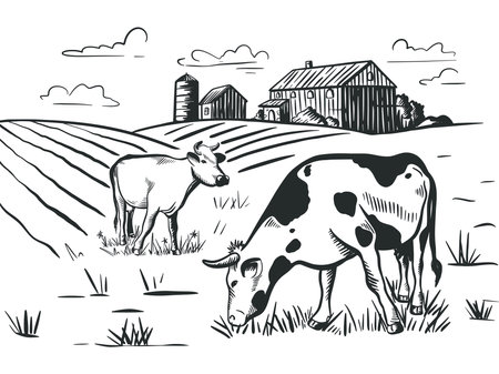 Cows graze in meadow near farm hand engraving. Rural landscape with animals graphic ink sketch. Natural farmland with cattle, vector illustrationのイラスト素材