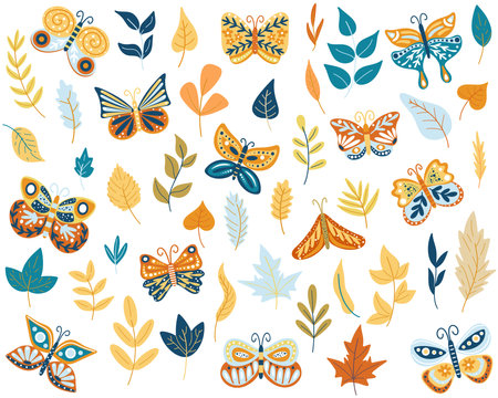Collection exotic butterflies and twigs isolated on white background. Set tropical flying insects with colorful wings and foliage. Set rustic decorative design elements, flat vector illustrationのイラスト素材