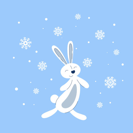 Cute winter hare rejoices in snow. Cartoon bunny and snowflakes on blue background, hand drawn vector illustration. Seasonal card, white rabbit welcomes winterのイラスト素材