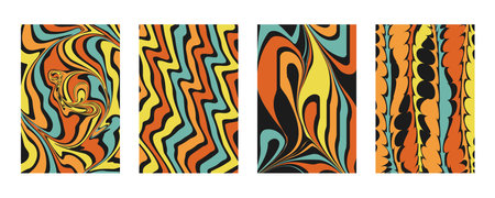 Trendy retro trippy y2k style background set. Psychedelic bright acid colors. Design 1960,1970. Naive playful abstract shapes print for social media, banner, flyer and design, vector illustrationのイラスト素材