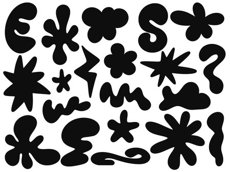 Abstract shapes, clouds, waves, flowers pack. Set of trend retro cartoon style graphic elements. Black groove stickers for design, social networks, advertising, vector illustrationのイラスト素材