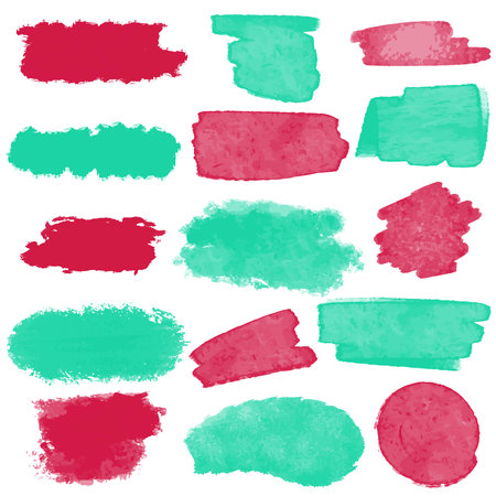 Set watercolor stains green and red color. Isolated spots on white background. Watercolor texture with brush strokes. Round, rectangular, dot shapes for design and background, vector illustrationのイラスト素材