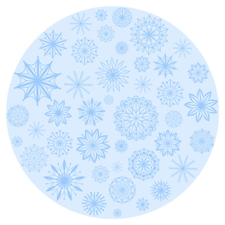 Round template with snowflakes. Circular winter snowfall background. Copy space card for seasonal design. Beautiful silhouette of crystals on blue circle background, vector illustrationのイラスト素材