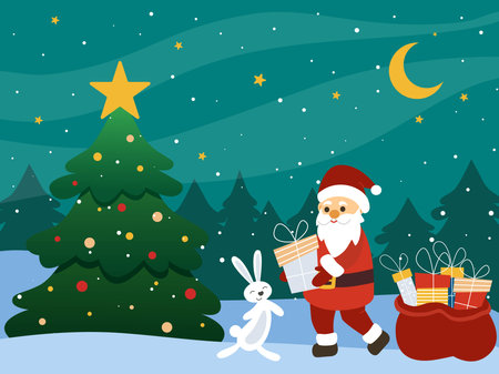 Cute Santa gives surprise box to bunny. Christmas or New Year's Eve. Winter fairy forest with rabbit, Santa and Christmas tree. Festive baby story for card or banner, vector illustration cartoon styleのイラスト素材