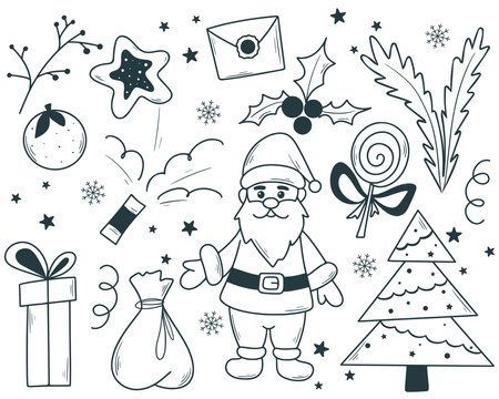 Hand drawn Christmas set. Cute New Year elements doodle sketch style. Line illustration clip art ink collection holiday eve and winter holidays, isolated vector illustrationのイラスト素材