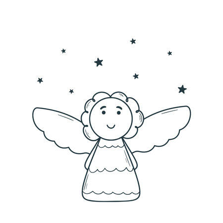 Cute girl angel ink doodle sketch. Baby character with stars clip art. Lovely curly girl with wings smiling, isolated vector illustrationのイラスト素材