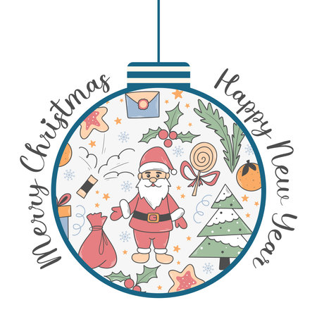 Merry Christmas and Happy New Year card. Christmas round ball with Christmas attributes. Cute card design with festive winter ornament, vector illustrationのイラスト素材