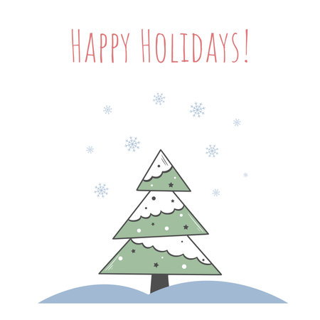 Christmas card with Christmas tree and inscription. Happy holidays lettering. Hand drawn holiday card. Cute winter design, vector illustrationのイラスト素材