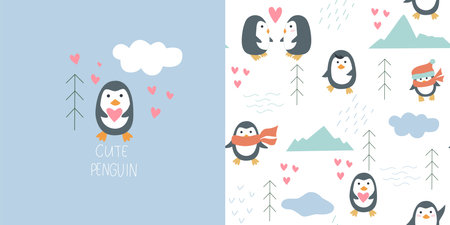 Cute penguins of Antarctica seamless pattern. Funny baby characters background and postcard. Hand drawn northern birds among the ice floes and the ocean. Print for kid textiles, wallpaper, packaging and design, vector illustrationのイラスト素材