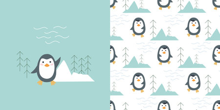 Hand drawn penguin set card and seamless pattern. Cute background with dancing penguins and iceberg. Baby card with arctic bird. Funny character print for kid textiles, wallpaper, packaging and design, vector illustrationのイラスト素材