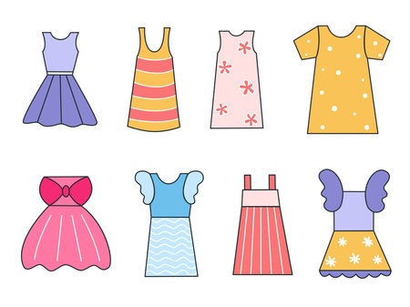 Cute dress for girls hand drawn set. Summer outfit for child clip art. Fashionable feminine clothing, isolated vector illustrationのイラスト素材