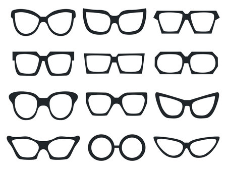 Sunglasses of different shapes set. Black plastic frame for sun protection clip art. Large collection of summer eyeglass accessories, isolated vector illustrationのイラスト素材