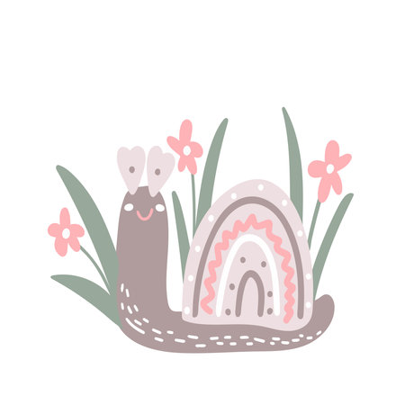 Snail hand drawn baby illustration. Cute slug on background of flowers and herbs. Kid character, isolated vector illustrationのイラスト素材
