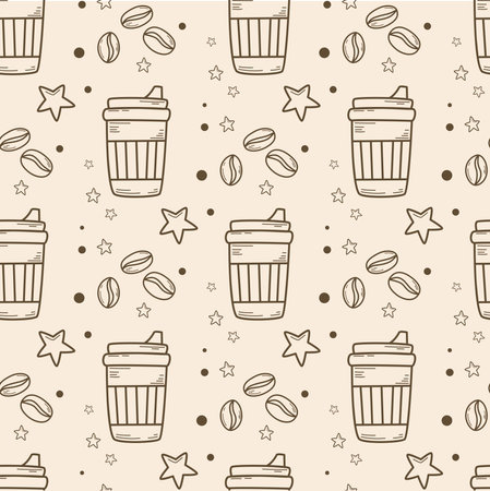 Takeaway coffee and coffee beans seamless pattern. Coffee disposable glass background. Coffee beans print for textile, paper, packaging and design, vector illustrationのイラスト素材