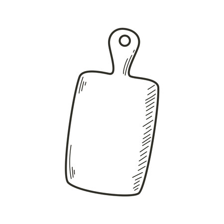 Kitchen cutting board doodle sketch style. Simple ink sketch of chopping board. Home kitchen utensil for cutting food clip art. Line silhouette wooden board with handle isolated vector illustrationのイラスト素材