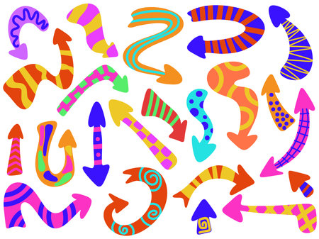 Playful arrows set. Hand drawn arrows of different shapes with patterns clip art collection. Graphic...