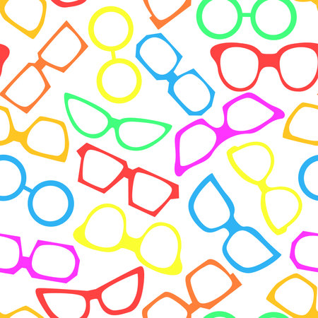 Multicolored colorful sunglasses seamless pattern. Kid glasses background. Bright baby summer print, vector illustrationのイラスト素材