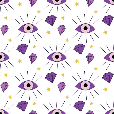 Magic eyes and crystals seamless pattern. Boho crystals background. Esoteric print for textile, paper, packaging and design, vector illustrationのイラスト素材