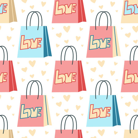 Craft bags with inscription love seamless pattern. Cute background for Saint Valentine. Romantic print with paper shopping bags. Vector illustration, flat designのイラスト素材