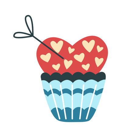Sweet cake with cream clip art. Hand drawn cupcake in the shape of heart. Romantic delicious pie with hearts and confetti, isolated vector illustrationのイラスト素材