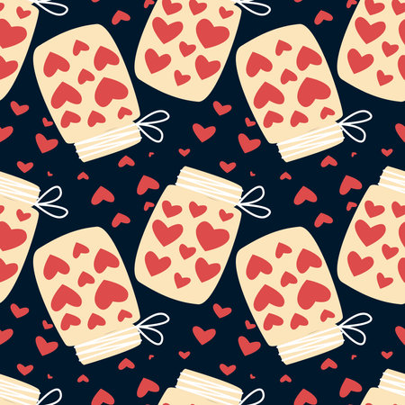 Hearts collected in jars seamless pattern. Romantic background love concept. Valentine's day print, vector illustrationのイラスト素材