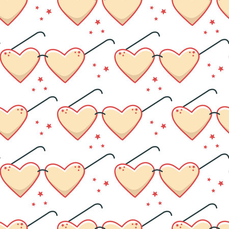 Heart shaped glasses seamless pattern. Background with kid glasses and stars. Print for baby textiles, paper, packaging and design, vector illustrationのイラスト素材