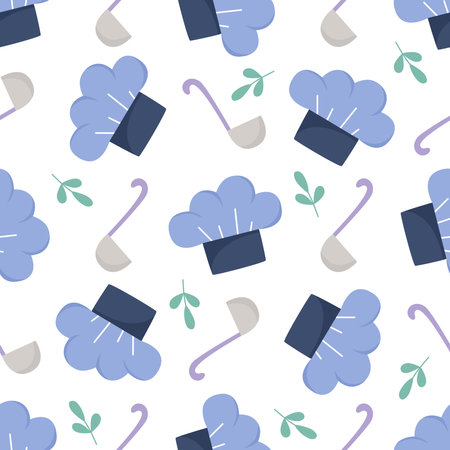 Chefs hat and ladle seamless pattern. Culinary background. Print with kitchen elements for textile, packaging, design, vector illustrationのイラスト素材